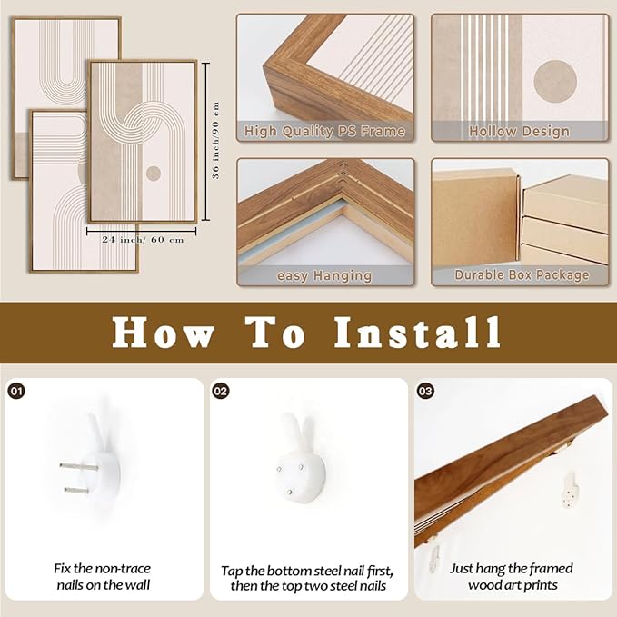 ANHUIB Neutral Wall Art Modern Wall Decor Abstract Line Artwork Beige Boho Paintings 24x36 Inch Set of 3 for Living Room Bedroom Dining Room