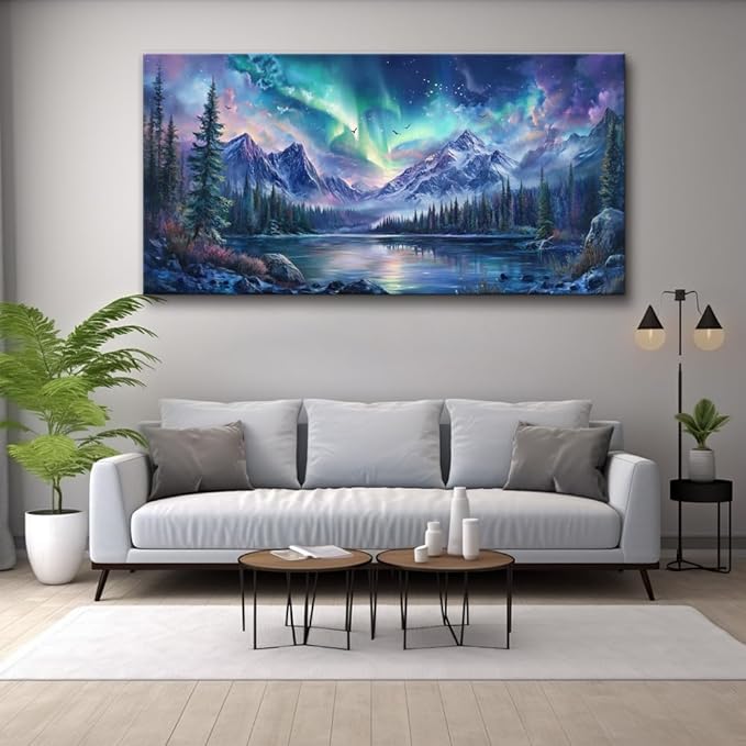 IDAFU Aurora Borealis Canvas Wall Art Northern Lights Wall Printing Farmhouse Abstract Snow Mountain Tree Forest Scenery Canvas Nature Landscape Artwork For office Home Décor Ready to Hang 32L x 16W
