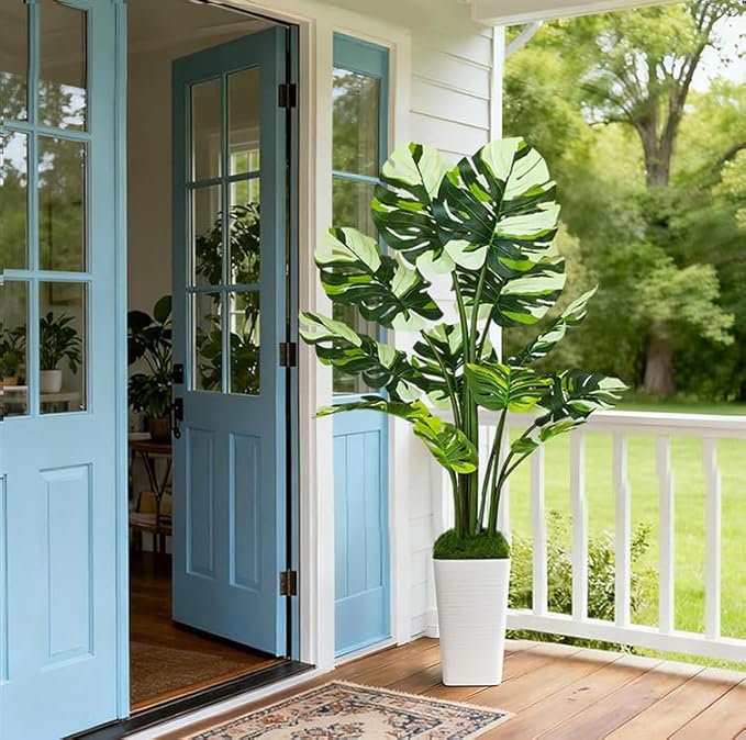 5FT Artificial White Leaf Monstera Plant,Realistic Faux Monstera Plant with Tall White Planter, Lifelike Indoor Outdoor Artificial Tree for Living Room, Bedroom, Office, Housewarming Decor