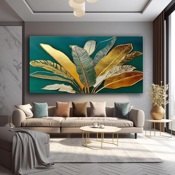 IDAFU Green Leaf Wall Art, Green and Gold Leaves Wall Painting, Emerald Green Tropical Botanical Décor Canvas Prints, Abstract Sage Boho Painting for Office Home Décor, Ready to Hang 32L x 16W