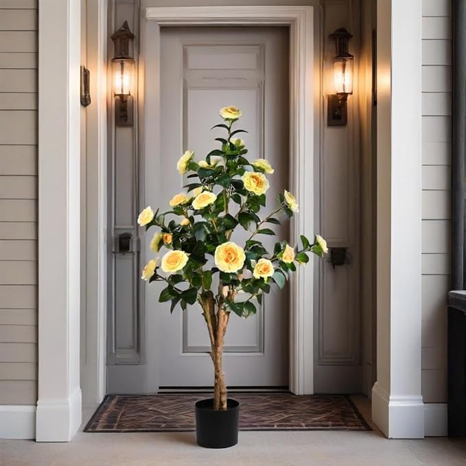 2pc 4ft Decorative Artificial Camellia Tree with Yellow Flowers, Potted Faux Floral Plant, Realistic Blooming Fake Plants for Indoor Outdoor Home Front Door Planter Decor