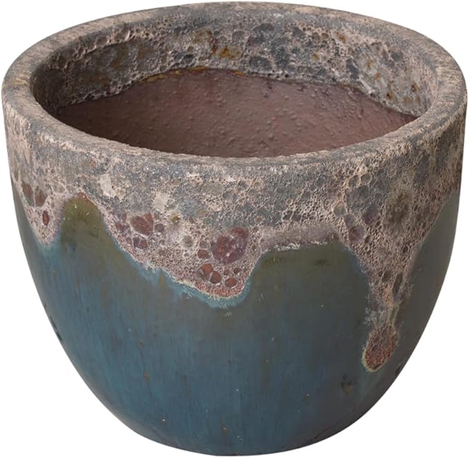Emissary Home and Garden 11in. L x 11in. H Reef/Teal Stoneware Round Planter with High-fire Treatment (Set of 1)