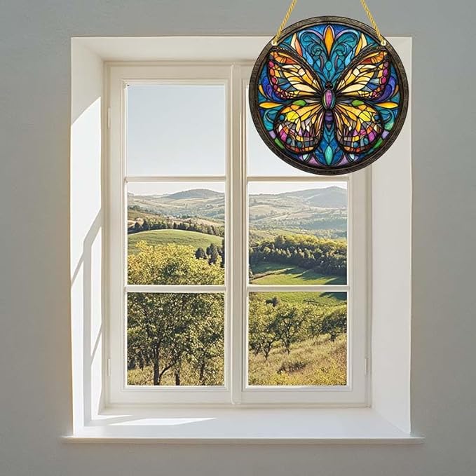 Acrylic Stained Window Hanging Butterfly Acrylic Decoration for Indoor Outdoor Home Bar Office Garden Plastic Ornament Decor 12x12 Inch