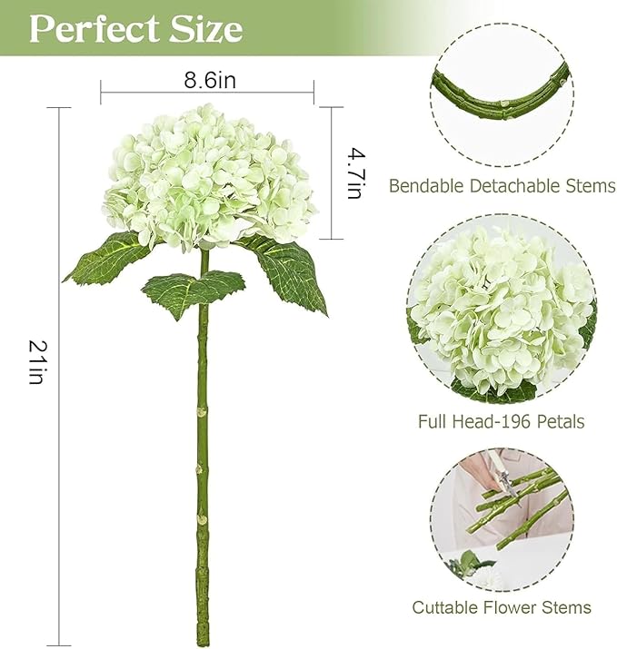 21" Real Touch Green Hydrangea Artificial Flowers with Long Stem & Leaves, Full Latex Faux Hydrangea Flowers for Home Decor Party Floral Arrangements Wedding Bouquets Centerpieces, 4Pcs