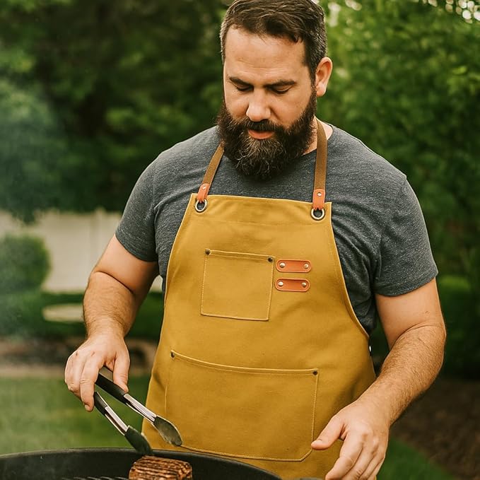Chef Aprons for Men Canvas Apron with Large Pockets and Adjustable Neck Strap for Cooking, BBQ, Gardening
