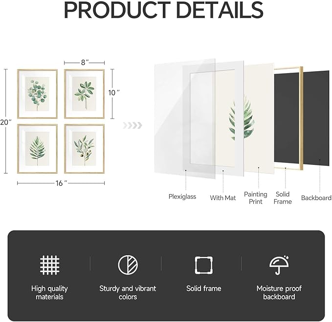 Framed Sage Green Botanical Wall Art for Bathroom, Farmhouse Plant Artwork for Bathroom Decor, 4 Piece Minimalist Vintage Leaf Picture Prints for Bedroom Kitchen Living Room Wall Decor, 8x10 Inch