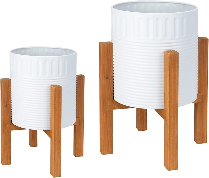 2-Piece White Metal Planter Set with Wood Stand, Indoor Mid Century Modern Planters with Drainage, 8" & 10"