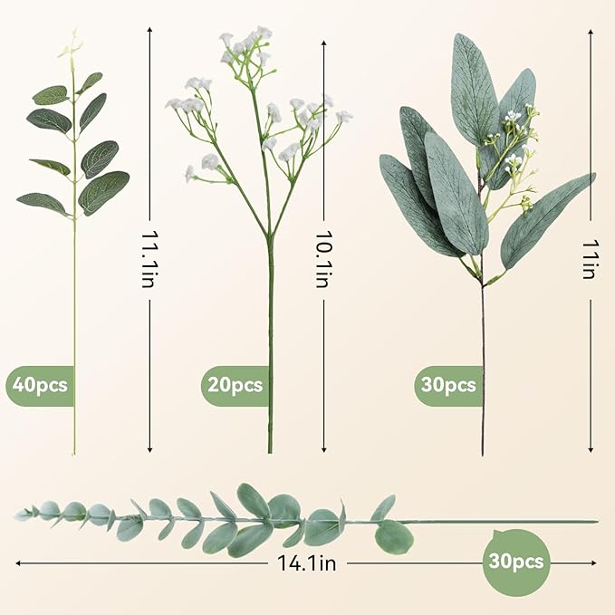 QGHPY 120 Pcs 4 Kinds Mixed Eucalyptus Leaves and Eucalyptus Greenery Stem, Artificial Baby Breath Bulk and Greenery Stems for Weddings, DIY Floral Arrangements and Home Decor.