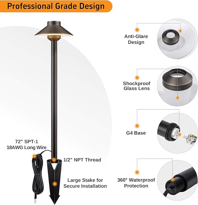 Gardenreet Low Voltage Landscape Lighting Brass, 2700K/3000K/4000K Adjustable 12v Pathway Lights Waterproof, Hard Wired Path Light Outdoor, Bronze for Exterior Area Patio with G4 Bulb (6 Pack)