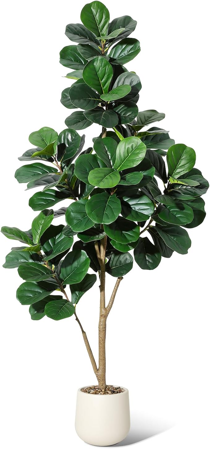 6 ft Fiddle Leaf Fig Tree Artificial with 108 Leaves - Realistic Faux Ficus Lyrata Trees in 9 in White Planter Pot, Indoor Fake Floor Plants for Home Office Living Room Decor, Housewarming Gift