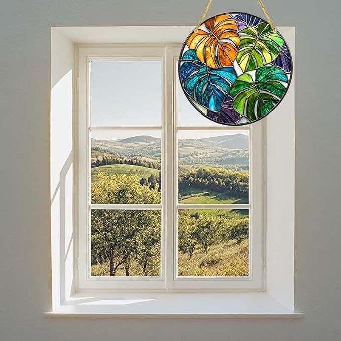 Acrylic Stained Window Hanging Monstera Plant Art Acrylic Decoration for Indoor Outdoor Home Bar Office Garden Plastic Ornament Decor 12x12 Inch