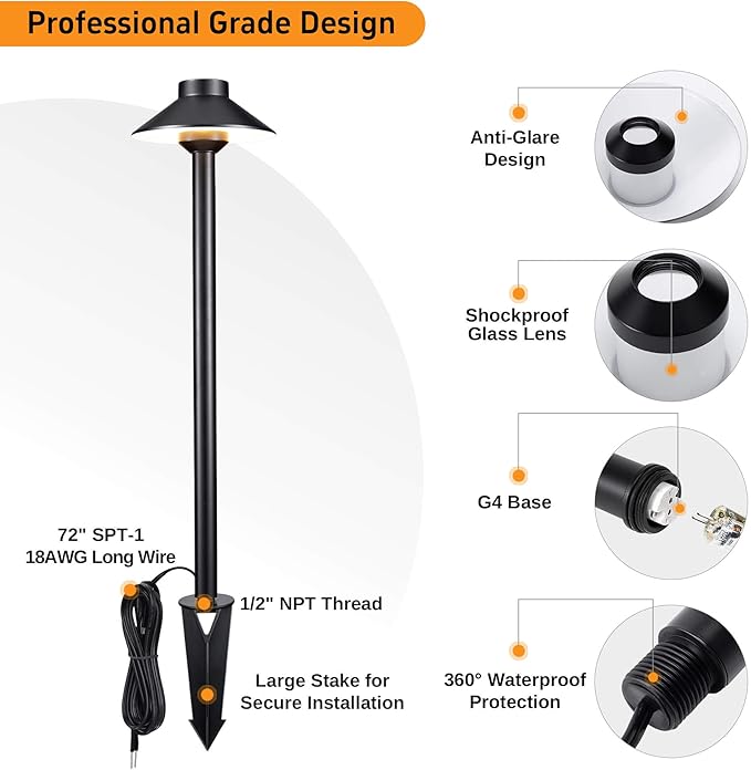 Gardenreet Brass Low Voltage Landscape Lighting - 12V LED Path Lights IP65 Waterproof, Hard-Wired Pathway Light Black for Outside Walkway Garden with 3W 2700K Warm White G4 Replaceable Bulb (6 Pack)