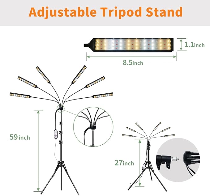 Grow Lights for Indoor Plants Full Spectrum, 6 Heads 342 LED Plant Light with Auto On/Off Timer, 10-Level Dimming & Adjustable Stand for Houseplants, Home Gardeners