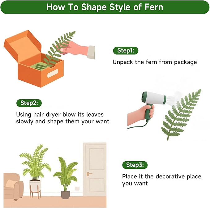 JUSTOYOU 25" Realistic Artificial Boston Fern Bush, 1 Pc with 24 Fronds Faux Fake Ferns UV Resistant Plants for Living Room, Garden, Porch and Front Door Decor