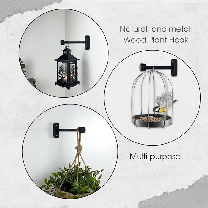 EvenWood 2-Piece Set of Wooden Plant Hooks for Wall with Sturdy Metal Tube - Plant Wall Hanger for Pots, Flower Brackets - Bracket Plant Hanger for Indoor and Outdoor Decorations (Black, 8 Inch)