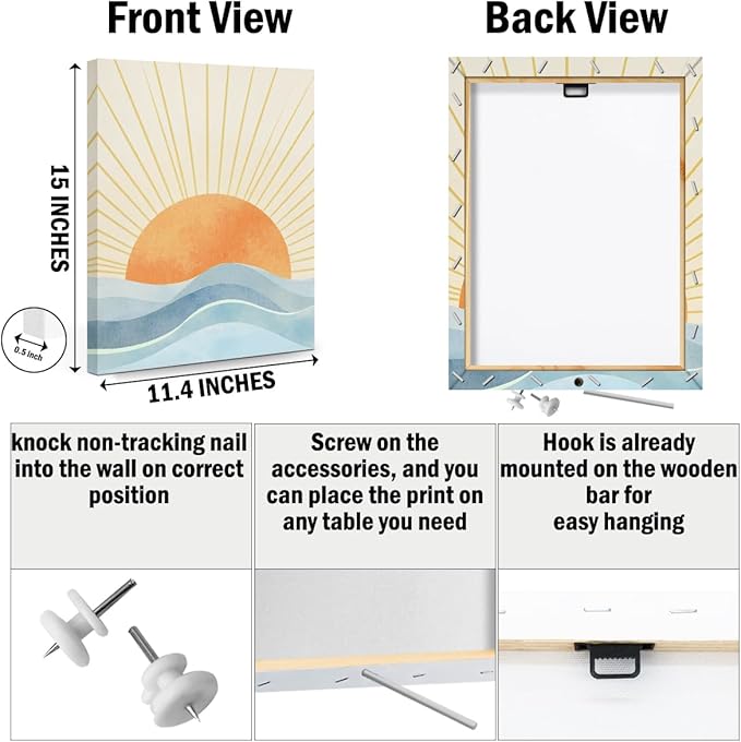 Boho Sun Ray Framed Canvas Wall Art Decor Set of 3, Neutral Geometric Sun Rising on the Sea Painting Artworks for Wall, Minimalist Art Picture for Home Living Room Bathroom Office, 11.4"x15"