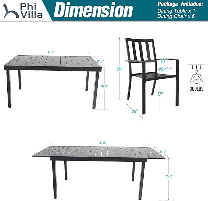 PHI VILLA 7 Pieces Outdoor Dining Set for 6, Expandable Rectangular Metal Dining Table & Stackable Wrought Iron Chairs, Large Furniture Set for Patio, Deck, Yard, Porch