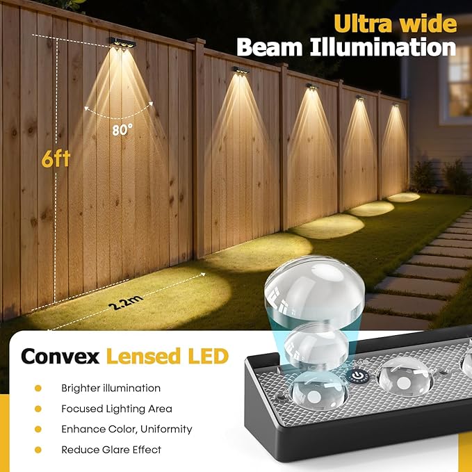 NIORSUN Solar Fence Lights,8 Pack Solars Deck Light,RGB Color,Outdoor Bulb Waterproof Led IP65,Outdoor Fence Light,Power Patio Lamp with Lenses for Outside/Backyard/Railing/Yard(Black)