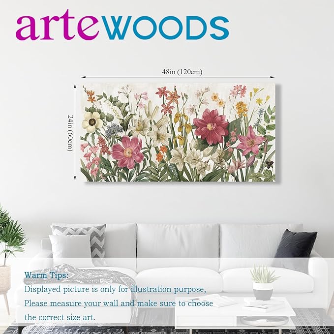 arteWOODS Botanical Canvas Wall Art - Flowers Pictures Wall Decor Wildflowers Plants Painting Artwork Red Beige Blooming Floral Prints for Living Room Bedroom Office Home Decor Ready to Hang 48 x 24in