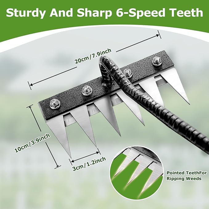 Gardenia Iron Weeding Rake, 2.0 Iron Weeding Rake with Long Handle, 6 Teeth Heavy Duty Puller Tools for Gardening, Weedings ,Lawn