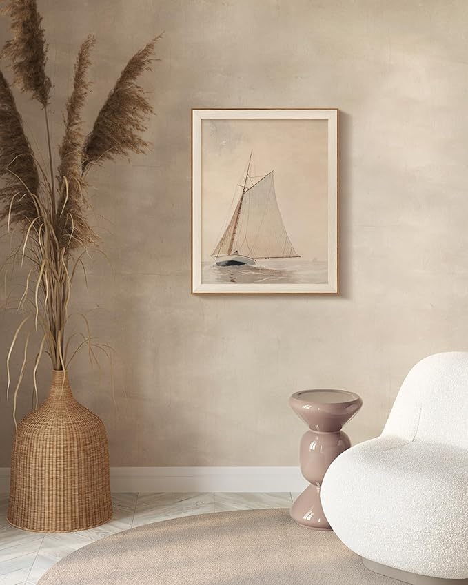 InSimSea Framed Canvas Wall Art of Large Coastal Sailboat - Classical Art for Living Room and Bedroom, White Sailboat Sea Painting, Home Decor Artwork 16x20In