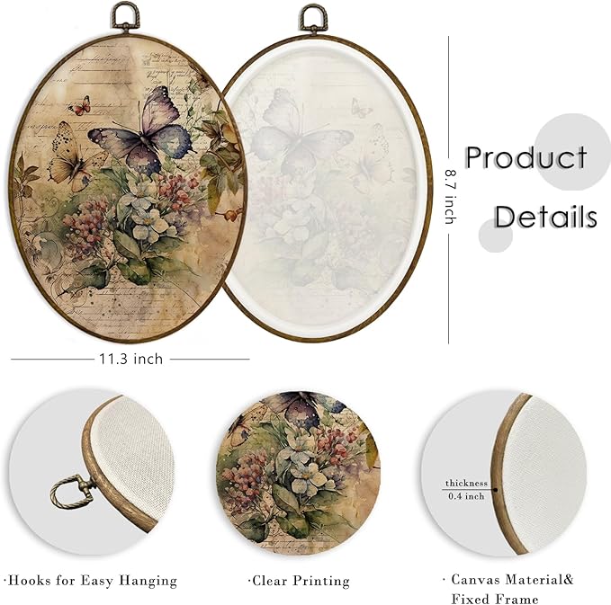 MAQIKA Farmhouse Butterfly Wildflower Oval Framed Wall Art Decor, Butterfly Wall Art, Butterflies Botanical Oval Wall Hanging Decor, Butterflies Canvas Wall Art for Kitchen Girls Room, 8.7x11.3 Inch