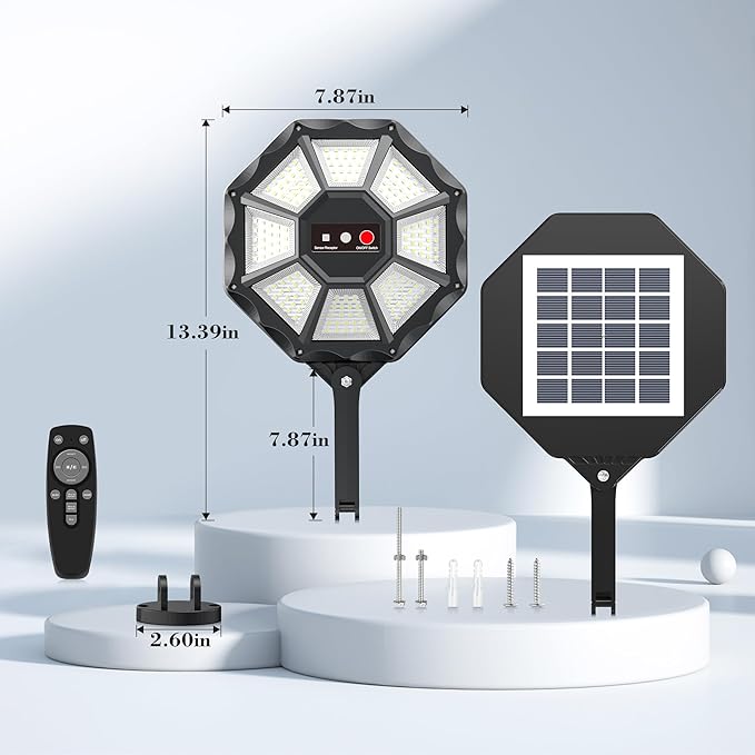 Solar Lights Outdoor - 6500K Solar Street Lights Outdoor, Motion Sensor&Dusk to Dawn Flood Light, 168LED 8 Sides 360°Wide Angle Security street Light, IP66 Waterproof with Remote for Yard/Pool(2 Pack)