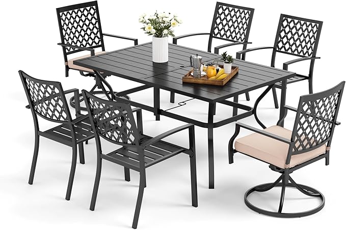 MFSTUDIO Patio Dining Set for 6, Outdoor Table and Chairs Set with Umbrella Hole, 7 Piece Metal Outdoor Dining Set, Patio Furniture Set for Deck Backyard Poolside Garden