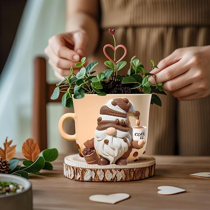 GUGUGO Coffee Cup Gnome Plant Pots, Cute Unique Flower Pots for Indoor Plants, Funky Small Planters with Drainage Holes, Eclectic Home Decor Aesthetic, Funny Gardening Planter for Couple Gift, Male