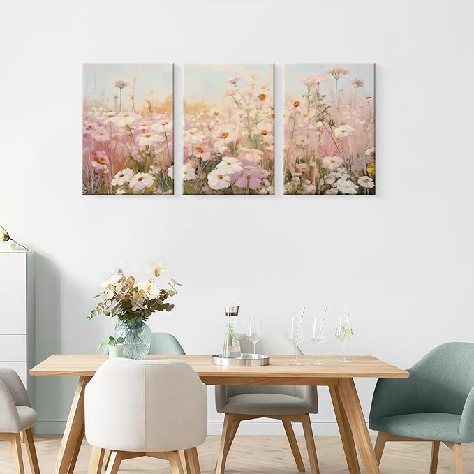 Framed Pink Wildflowers Canvas Wall Art Colorful Floral Poster Picture Vintage Country Painting Nature Landscape Modern Home Print Living Room Gallery Office Ready to Hang 12x16 Inch x3