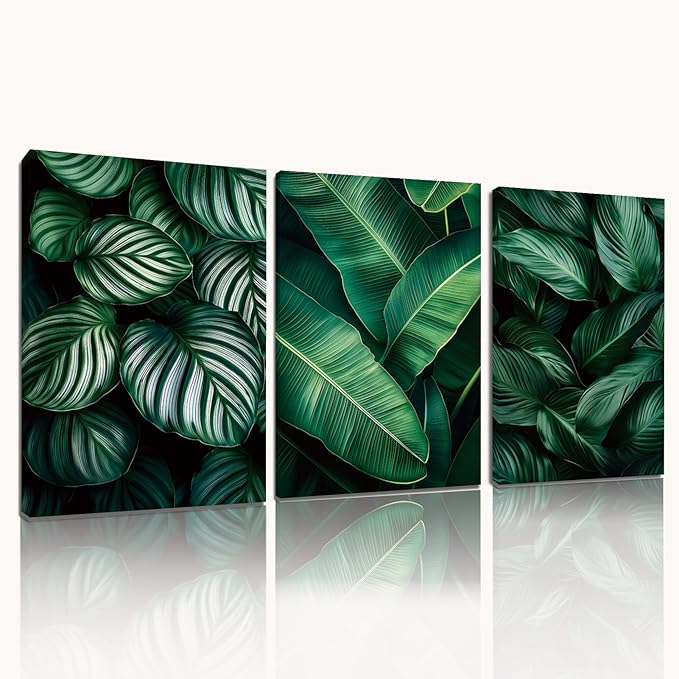 Emerald Green Leaf 3-Piece Canvas Wall Art – Nature-Inspired Tropical Plant Print for Living Room, Bedroom & Office – Modern Botanical Décor, Ready to Hang (24" x 36" x 3 pcs)