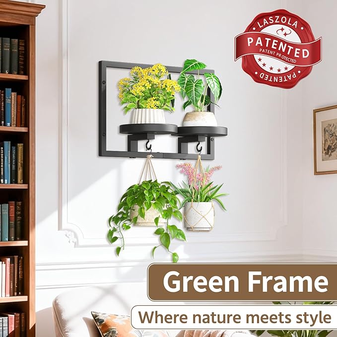 LASZOLA Black Wall Mount Plant Shelves with Hangers for Indoor Flower, Heavy Duty Metal Window Floating Planter Holders Stand, Modern Iron Picture Frame with Hook Decorative for Kitchen Bathroom