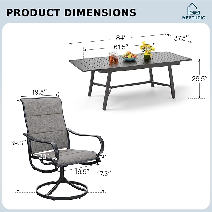 MFSTUDIO Outdoor Dining Set for 6, Expandable Patio Table and Chairs Set, 7 Piece Patio Furniture Set for Deck/Backyard/Poolside/Garden