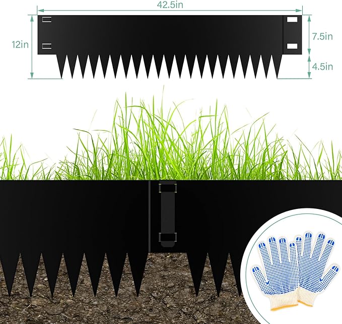 12 Inch Height Galvanized Steel Landscape Edging, 20Ft Metal Garden Edging Border with 6 Clips - Rust-Resistant Lawn Edging for Yard (40" L x 12" H, Black)