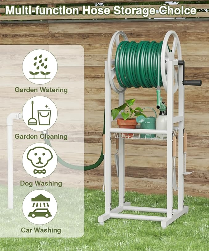 Freestanding Garden Hose Reel holds 125ft Hose of 5/8" with 4 Hooks, 4-Spike Outdoor Hose Holder with 3.9ft Leader Hose & Brass Fitting, Detachable Metal Hose Stand with Storage Rack, White