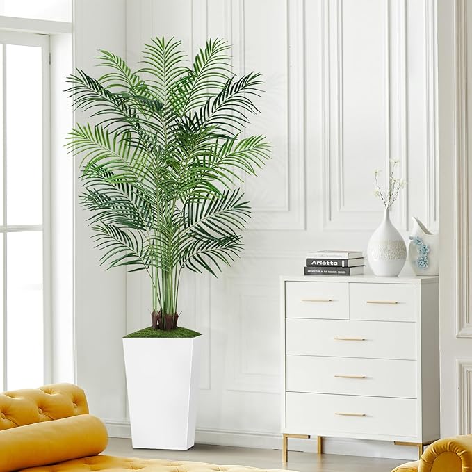 7ft Artificial Palm Tree with White Planter-Tall Artificial Indoor Plants, Fake Tropical Palm Tree, Faux Silk Plants for Home Office Living Room Bedroom Modern Decor