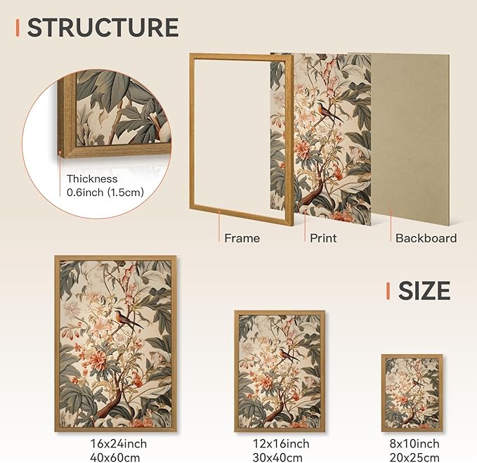 CAZLOUC Vintage Neutral Botanical Wall Art, Retro Beige Green Wall Decor, Garden Bird Floral Canvas Artwork, Classic Botanical Nature Poster Print for Living Room Bedroom Wood Framed 16x24 Inch