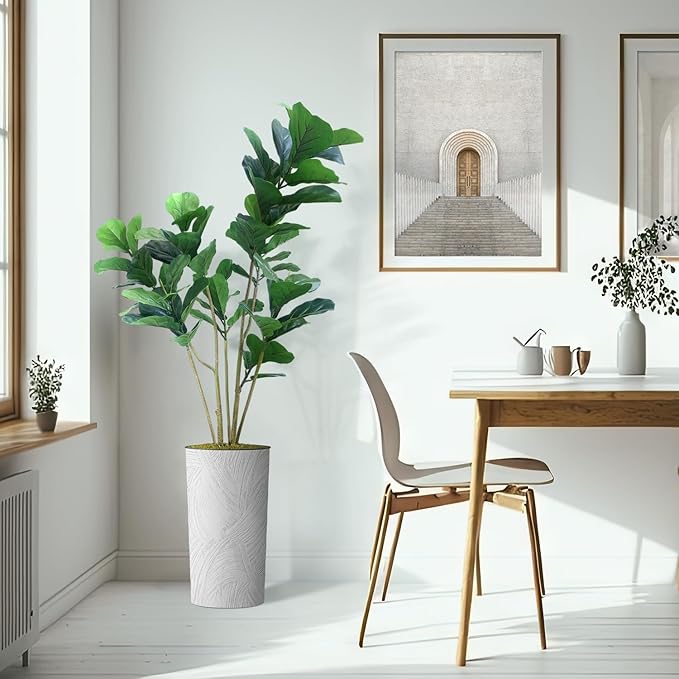 Artificial Tree in White Marble Effect Planter, Fake Ficus Lyrata Silk Tree for Indoor and Outdoor Home Decoration - 66" Overall Tall (Plant Pot Plus Tree)