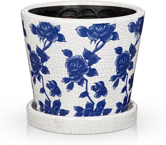 Ceramic Pot for Indoor Plants - 5.5 inch Flower Pot for Plants with Drainage Holes and Saucer Ice Crack Diamond Rose Flower Pattern Ceramic Planter for Outdoor Indoor Herb Snake Plant (Blue & White)
