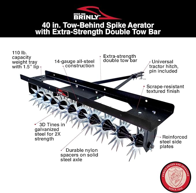 Brinly SA2-40BH-P Tow Behind Spike Aerator with Double Tow Bar, 40" - Textured Black