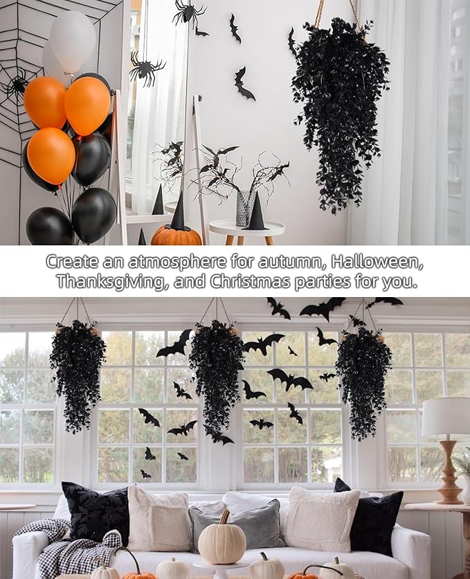 RECUTMS Artificial Plant Hanging Eucalyptus Leaf Fake Outdoor Faux Plastic Greenery for Wall House Room Patio Indoor Home Shelf Office Decor (Black)
