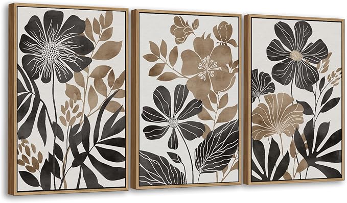 Large Framed Canvas Wall Art - Natural Float Framed Rustic Black Flowers Leaves Pictures Decor Brown Floral Foliage Artwork for Bedroom Living Room Kitchen Home Office Decoration 60" X 28" Set of 3