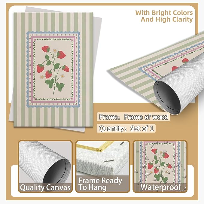 Vintage Green Striped Strawberry Canvas Prints Painting Trendy Botanical Flowers Posters Cute Fruit Cottagecore Wall Art Farmhouse Boho Aesthetic Pictures Decor for Kitchen Bedroom 16x24inch Framed