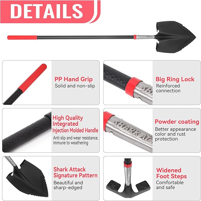 SHARK ATTACK 5-Piece Steel Shovel Set with Non-Slip Handle and D-Grip Handles - Multi-Size Garden Shovels with Powder Coating for Digging, Planting & Car Emergency