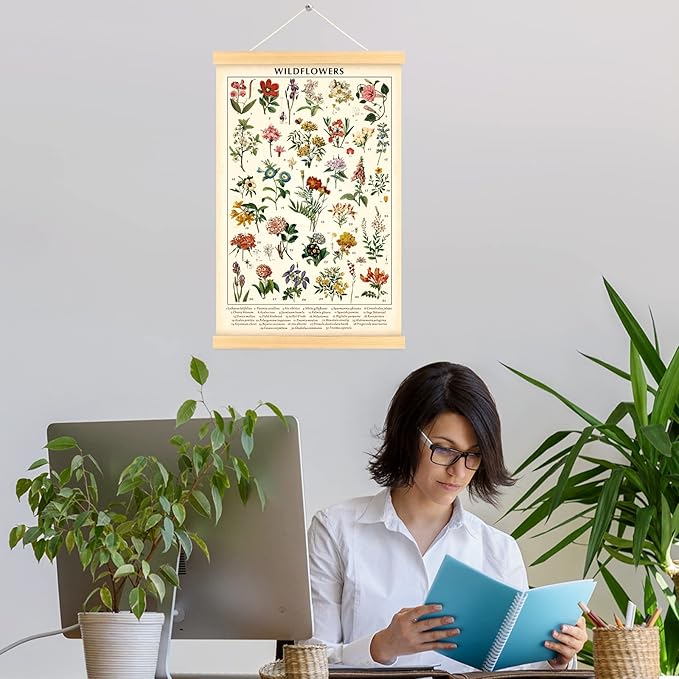 Vintage Wildflowers Poster Botanical Wall Art Prints Colorful Rustic Style of Floral Wall Hanging Illustrative Reference Flower Chart Poster for Living Room Office Bedroom Decor Frame 15.7 x 23.6 Inch