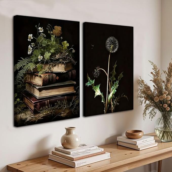 Kdyudo 2 pcs Vintage Botanical Canvas Wall Art, Gothic Dark Collegiate Style, Book Image Printing Atmosphere, Rustic Floral Painting Poster Artwork, Suitable for Study Gallery Wall Decor 12x16 inch