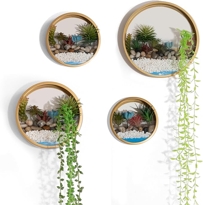 Gold Metal Wall Planter Set of 4, Indoor Metal Hanging Planter with 10Pcs Artificial Succulents Wall Decor Round Succulent Planters Air Plant Pots Container for Cactus Home Office Decor