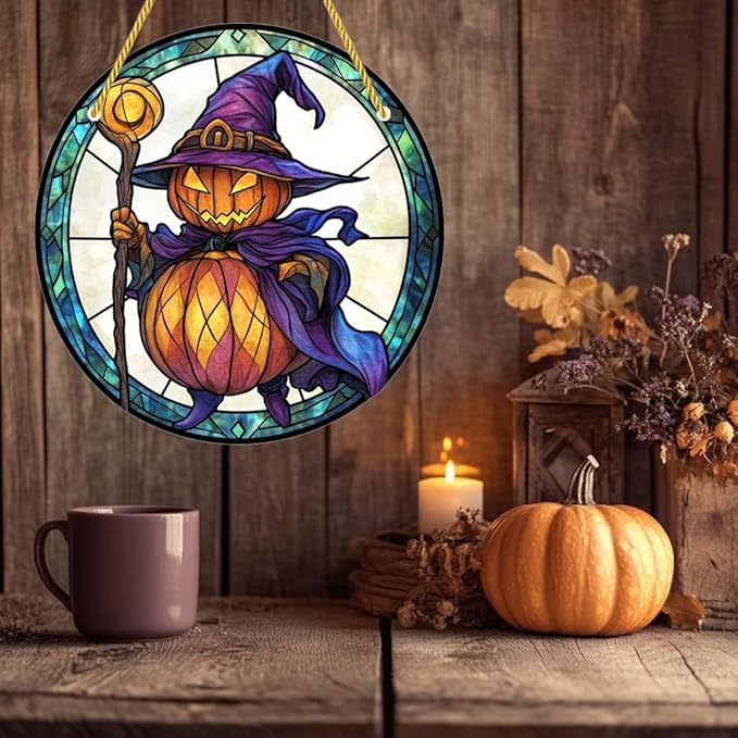 Acrylic Window Hanging Pumpkin Wizard Stained Panel Window Decoration for Halloween Decorations Outdoor Indoor Garden Yard Home Halloween Decor 8 Inch