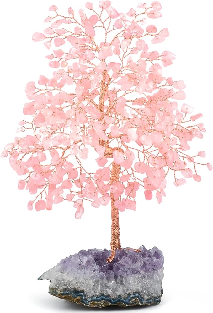 Gemstone Crystal Tree of Life,Natural Rose Quartz(406 Stones Count) with Amethyst Cluster Base,Chakra Positive Energy Feng Shui Decor Bonsai Money Tree,Birthday Gift 8.5''-9''