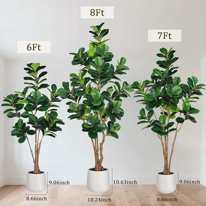 8 FT Artificial Fiddle Leaf Fig Tree with White Planter and Black Pebble, Tall Faux Ficus Lyrata with Thick Trunk and Emerald Leaves, Fake Ficus Tree for Office Home Indoor Decor